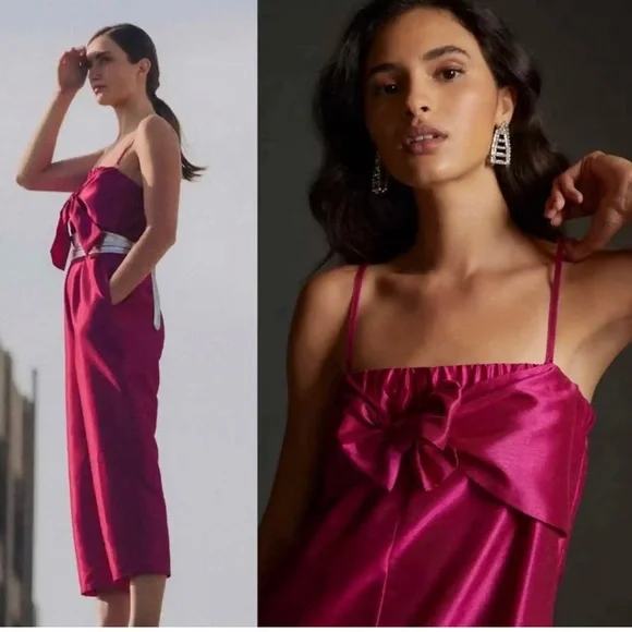 Anthropologie Hutch Fuchsia Pink Satin Bow Jumpsuit Size XS - Picture 2 of 5